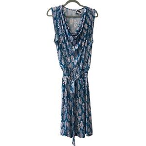 Leota Blue & Pink Aloe Leaf Printed Cowl Neck Knee Length Jersey Dress